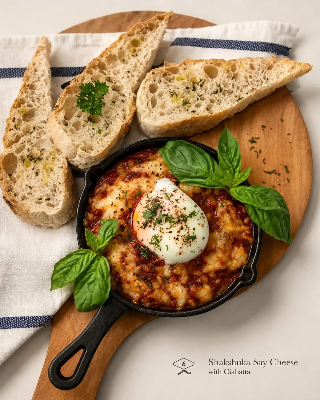 Shakshuka served in a skillet, topped with an egg and ciabatta bread.