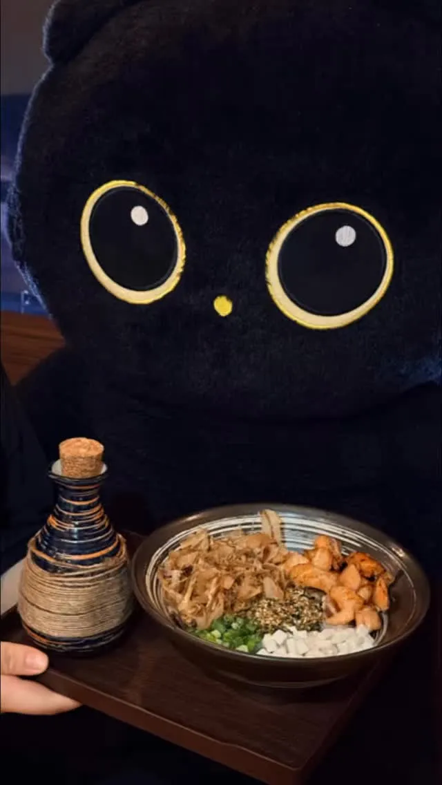 Cute mascot holding a bowl of Salmon Chazuke with green onions.