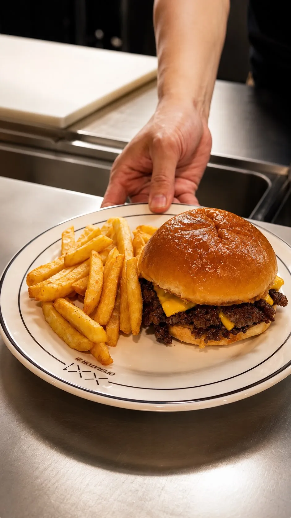 Delicious Angus Smash Burger served with golden fries on a plate.